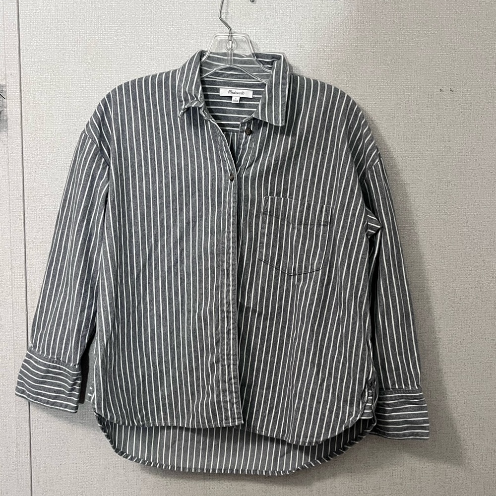 Madewell Flannel Westward Top Sz S Gray White Striped Cotton Womens Style G7438 - Picture 2 of 4